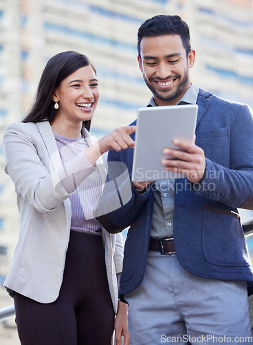 Image of Business people, tablet and team outdoor in a city with internet connection for social media. A happy man and woman together on urban background with tech for networking, communication or online app