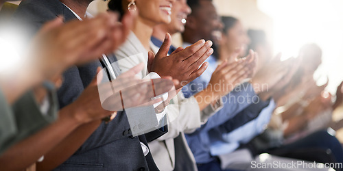 Image of Conference, team of coworkers clapping hands for success and in boardroom of presentation with lens flare. Support, achievement and diverse group of people applauding together in business meeting