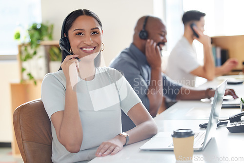 Image of Smile, call center and woman with headset for customer service, support or telemarketing. Happy Indian person, agent or consultant coworking portrait for sales, crm and help desk or contact us