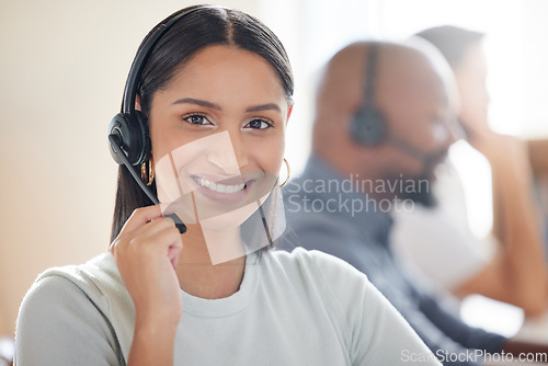 Image of Smile, call center and happy woman with a headset for support, customer service or telemarketing. Face portrait of female person, agent or consultant on microphone for sales, contact us or help desk