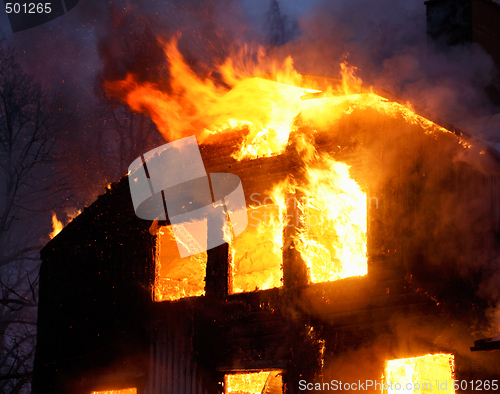 Image of Wooden house in flames