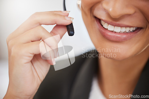 Image of Mouth, call center and woman with microphone for customer service, support or telemarketing. Smile closeup of female person, agent or consultant with headset for sales, crm or help desk communication