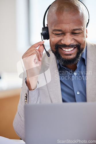 Image of Smile, call center and black man with a headset and laptop for customer service, support or telemarketing. African person as agent or consultant for sales, crm and contact us or help desk advice