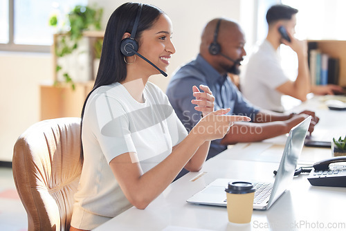 Image of Customer service, contact us or support with consultant people at work in an office for assistance. Call center, crm or communication with a female consulting via headset technology for telemarketing