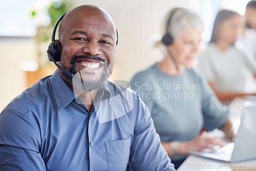 Image of Black man, call center and smile portrait for customer service, support and telemarketing. Face of a african male agent or consultant with a headset for sales, crm or help desk for advice