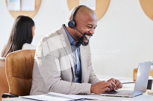 Image of Laptop, call center and man with headset for customer service, support or telemarketing. Happy male person, agent or consultant typing online for sales deal, crm account and help desk or contact us