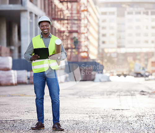 Image of Portrait of black man engineer, tablet and construction site with mockup space in city, planning and safety. Smile, architect or project manager at building, urban engineering and digital blueprint.