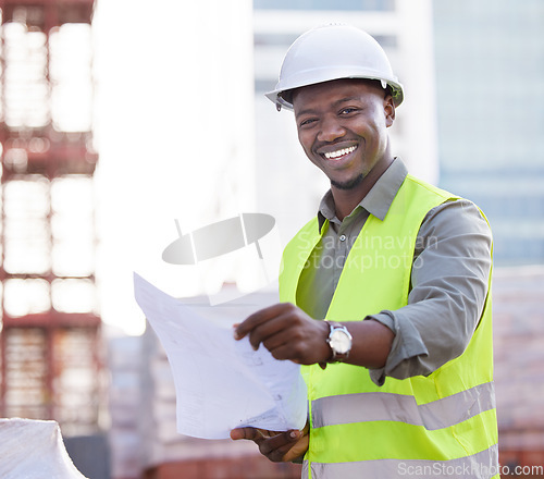 Image of Portrait of black man engineer, floor plan and construction site in city, planning with safety and paper for inspection. Smile, architect or project manager at building, engineering and blueprint.