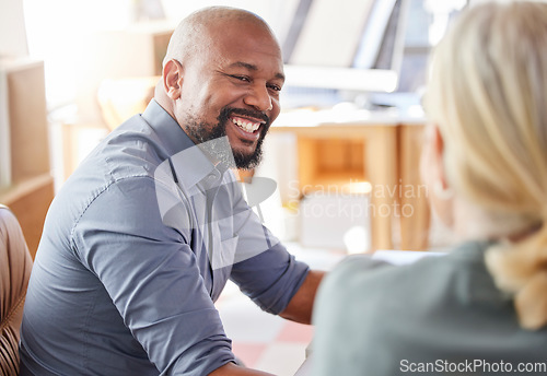 Image of Meeting, face of black man and smile for teamwork, collaboration and working in corporate business with people. Happy, mentor and businessman in office leadership, management or staff support