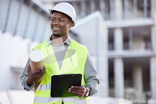 Image of Black man engineer, clipboard and inspection at construction site with mockup in city for planning and safety. Smile, architect or project manager with helmet at building, engineering and blueprint.