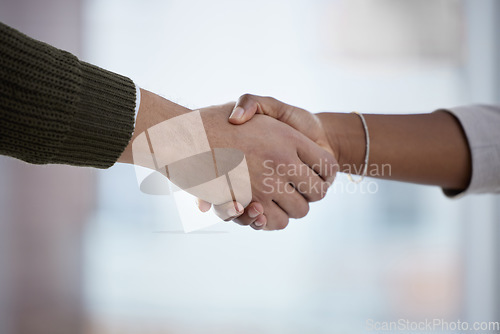 Image of Welcome, handshake and zoom on hands for thank you in office with businessman and woman. Agreement offer, onboarding deal or partnership in business, HR and hiring contract with closeup of hand shake