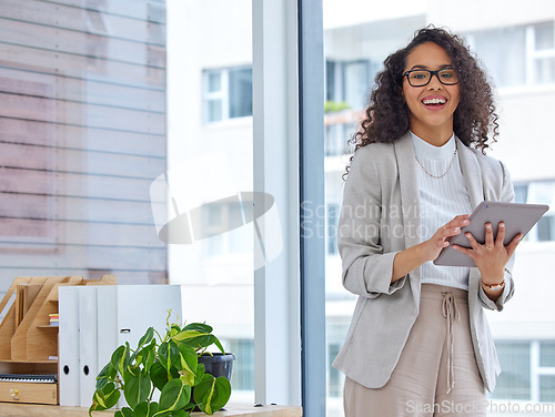 Image of Business woman, portrait and tablet with happiness in a office with tech management job. Graphic design, female person and smile of a happy employee with technology and creative designer project