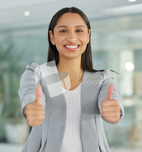 Image of Thumbs up, success and portrait of business woman for motivation, support and goal. Achievement, yes and thank you with female employee and hand gesture for like emoji, winner and agreement