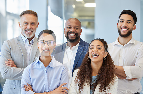 Image of Happy, portrait and business people with arms crossed in office for leadership, teamwork and solidarity. Smile, face and work friends united, laugh or together for partnership and collaboration