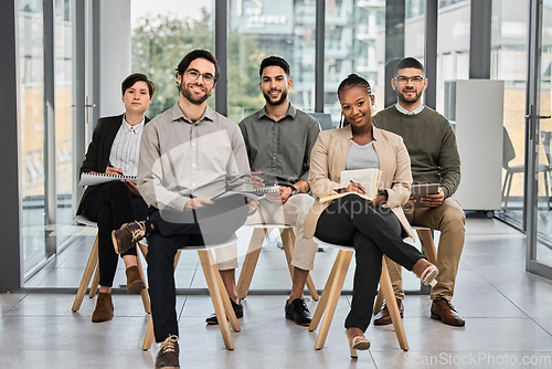 Image of Presentation, listening or business people writing notes in meeting for education or coaching in company. Mentorship, learning or team of employees taking note of group training in notebook in office