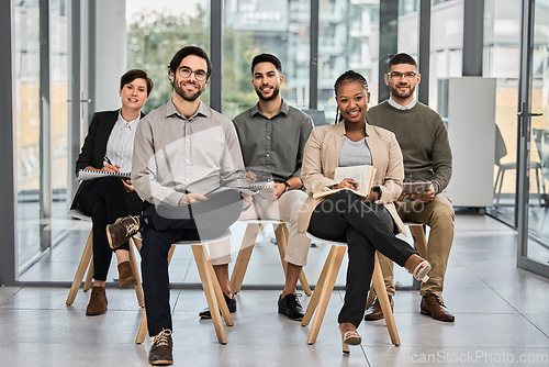 Image of Presentation, listening or happy business people learning in meeting for coaching education in company. Mentorship seminar, portrait or team of employees writing notes in group training in notebook