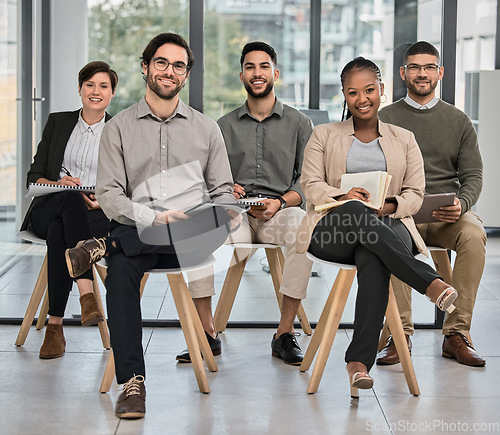 Image of Presentation, listening or happy business people writing notes in meeting for education or coaching in company. Mentorship, portrait or team of employees learning in group training in notebook