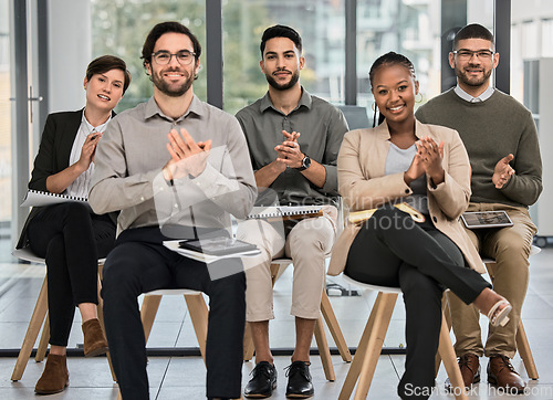 Image of Presentation, applause or happy business people learning in meeting for coaching education or leadership. Mentorship success, portrait or team of employees clapping in group training in notebook