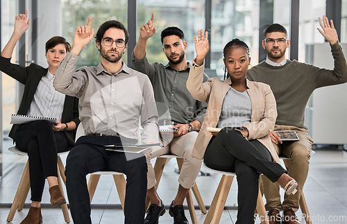 Image of Presentation, hands up or business people learning in meeting for education or coaching in company. Asking questions, portrait or team of office employees with hand raised in group training to vote