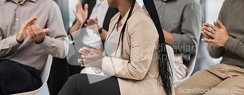 Image of Presentation, applause or hands of business people learning in meeting for coaching education or leadership. Mentorship success, closeup or team of employees clapping in group training together