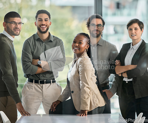 Image of Happy, diversity or portrait of business people in meeting with confidence in startup company. Team success, managers or proud employees smiling with leadership or group support for growth in office