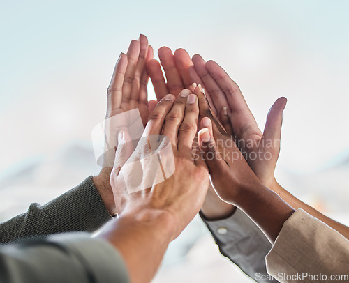 Image of Success, hands or business people high five for winning a deal or group partnership achievement. Teamwork, winners closeup or employees in celebration together with support, victory or solidarity