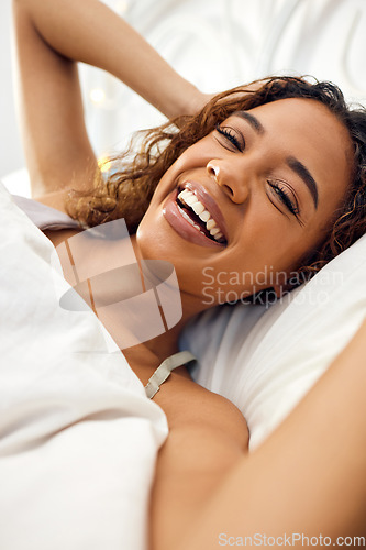 Image of Happy, smile and selfie with woman in bed for morning, social media and blog network. Happiness, relax and wake up with portrait of female person in bedroom of home for online, vlog and picture