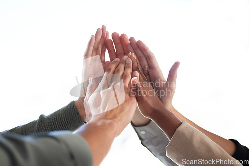 Image of Success, white background or business people high five for winning a deal or group partnership achievement. Teamwork, winners or employees in celebration together with support, victory or solidarity