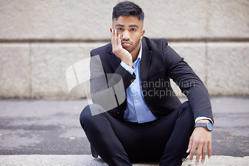 Image of Portrait, business and man in the city, bored and stress with burnout, fatigue and overworked. Face, male person and employee outdoor, exhausted or depression with mistake, tired or fail with anxiety