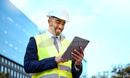 Image of Research, tablet and a man construction worker in a city for planning, building or architectural design. Blue sky, technology and a male architect online in an urban town during the creative process