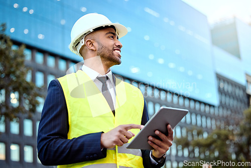 Image of Thinking, tablet and a man construction worker in the city for planning, building or architectural design. Idea, technology and a male architect online in an urban town during the creative process