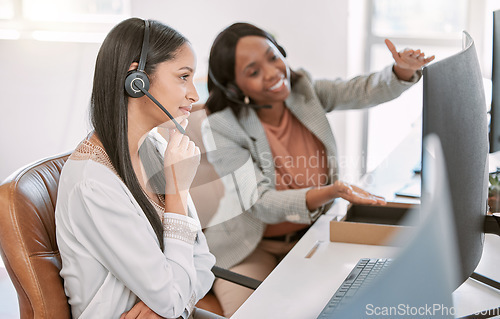 Image of Call center, training and women at computer with manager in discussion at help desk with advice from team leader. Learning, planning and black woman mentor coaching staff in customer service agency.