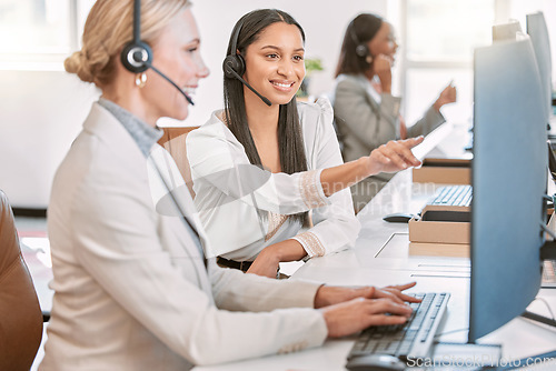 Image of Callcenter, training and woman at computer with manager in discussion at help desk with advice from team leader. Learning, planning and help, agent and mentor in customer service for support and crm