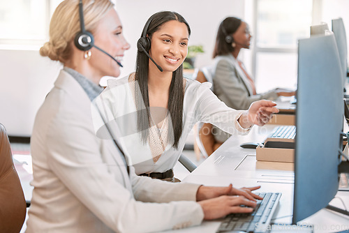 Image of Call center, training and woman at desk with computer, manager and discussion at help desk with advice from leader. Learning, planning and help, crm agent and mentor in customer service for support.