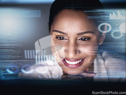 Image of Night, code and hologram with woman and computer for research, software and programmer. Digital, analytics and future with cyber security and employee for network, coding and information technology