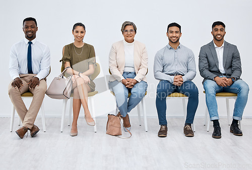 Image of Happy, hiring and portrait of business people in studio for job interview, diversity and human resources. Meeting, smile and opportunity with group of employees on wall background for recruitment