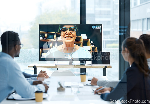 Image of Video call, online meeting and computer screen with business people in office for virtual conference, connection and networking. Digital, planning and technology with employees for webinar and chat