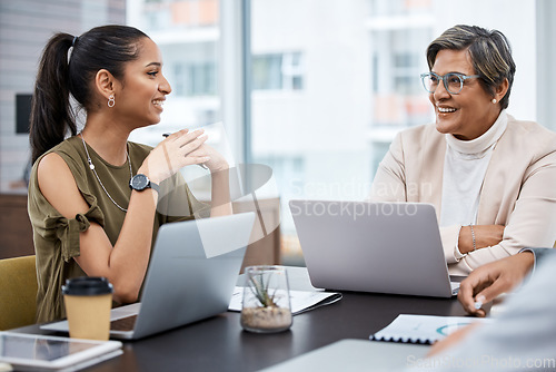 Image of Laptop, business and meeting with mentor coaching happy employee in an office planning a teamwork strategy. CEO, staff and professional woman talking with corporate manager for learning discussion