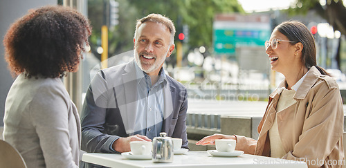 Image of Business people, coffee shop and meeting for discussion, smile or team building for planning in morning. Businessman, women and teamwork at cafe with happiness for vision, motivation or brainstorming