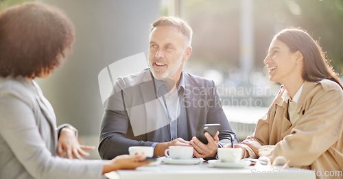 Image of Business people, coffee shop and meeting for conversation, smile or team building for planning in morning. Businessman, women and smartphone at cafe with talk for vision, motivation and brainstorming