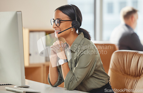 Image of Call center, smile and business woman consulting for crm, contact us and telemarketing in office. Happy, customer service and female consultant with friendly service in online help, support or advice