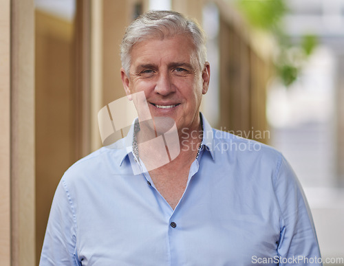 Image of Happy, mature and portrait of a businessman at work for corporate and professional career. Smile, office and an expert employee at a company with happiness, confidence and executive job at an agency