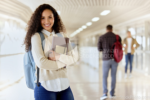 Image of College student, books and portrait of a woman in school with a smile for education, learning and studying. Happy african person with a backpack at university or campus for knowledge and future