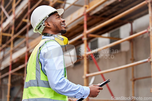 Image of Architecture, inspection and checklist with black man on construction site for engineering, planning and building. Designer, safety and project management with contractor in city for infrastructure