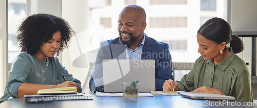 Image of Business people in meeting, collaboration with laptop and notebook for notes, ideas and project strategy in workplace. Diversity, corporate team and productivity with man and women planning agenda