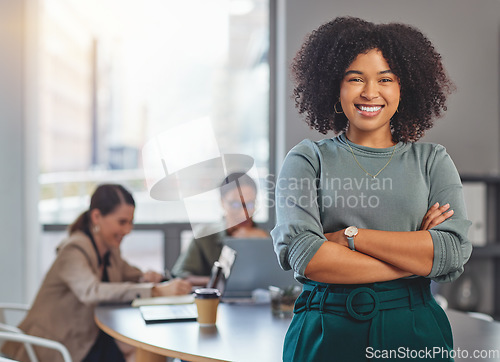 Image of Happy, arms crossed and portrait of business woman in meeting for planning, smile and professional. Happiness, career and workshop with female employee in office for creative, confident and startup