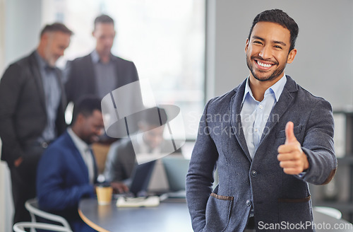 Image of Thumbs up, portrait and asian business man in office with winning, yes and thank you sign in meeting. Hands, vote and face of asian team manager with emoji for success, positive feedback or review