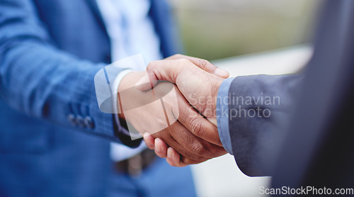 Image of Partnership, business people and b2b handshake in support of deal, collaboration and teamwork. Men, shaking hands and welcome, thank you or congratulations gesture by professional partner negotiation