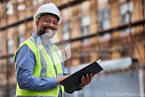 Image of Portrait, tablet and a black man construction on a building site for planning, architecture or development. Smile, technology and research with a happy mature male architect working in the city