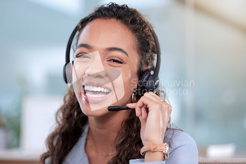 Image of Portrait, customer service and a woman consulting in an office for telemarketing or sales assistance. Call center, smile or contact with a happy young consultant working in support using a headset